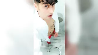 Jerk off at spa toilet in bathrobe before the pool