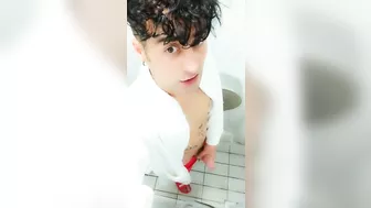 Jerk off at spa toilet in bathrobe before the pool