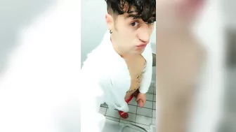 Jerk off at spa toilet in bathrobe before the pool