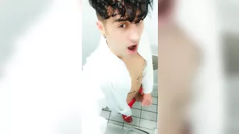 Jerk off at spa toilet in bathrobe before the pool