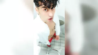 Jerk off at spa toilet in bathrobe before the pool