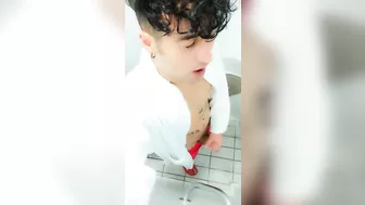 Jerk off at spa toilet in bathrobe before the pool