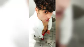 Jerk off at spa toilet in bathrobe before the pool