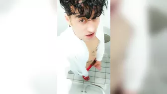 Jerk off at spa toilet in bathrobe before the pool