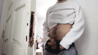 sweet and cute belly and cock guy peeing off a lot