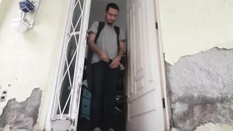 boy wearing jeans peeing out before going outside