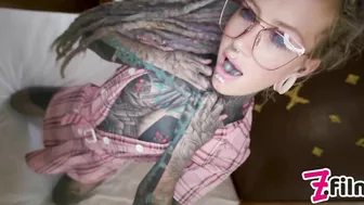 Nerdy TATTOO teen in glasses POV rough ANAL fuck - gape, deepthroat, facial cumshot