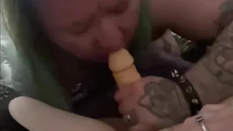 Tattooed Transman Sucks Blonde Goth’s Cock While She Films