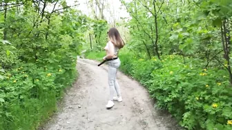 Risky public park walk with tight shaved pussy and small tits