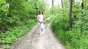 Risky public park walk with tight shaved pussy and small tits