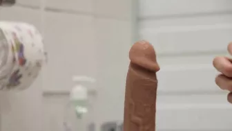 Sexy mommy hid in the toilet to have sex with a new cock from the sex shop.