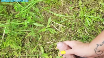 Stepmom holds stepson's cock while he pees in nature