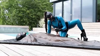 Cristal Kinky in latex catsuit handjob and fucking bound sub in latex vacbed Preview