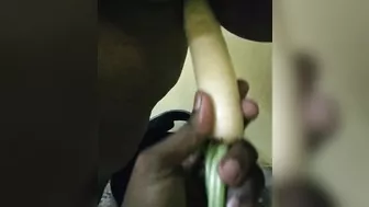 Insert vegetable at her pussy