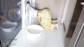 Myanmar Tiny Maid stuck Washing Machine and then Bang her Ass Behind