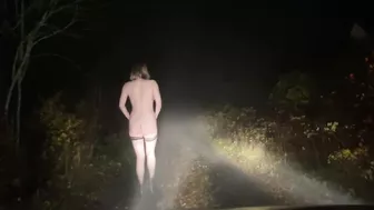 Taking a walk with my slut in the woods!! She walks next to the car!!!!