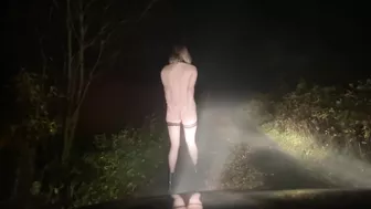 Taking a walk with my slut in the woods!! She walks next to the car!!!!