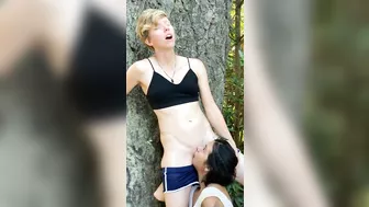 Lesbian gets her pussy eaten outdoors