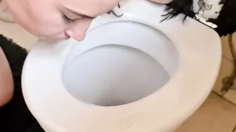 Slut sucking and jerking cock, licking cum off toilet seat