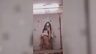 Topless cute selfie in student dorm college bathroom - real shy amateur cellphone mirror video girl