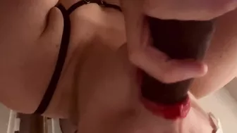 horny babe sucking bbc dildo to impress daddy