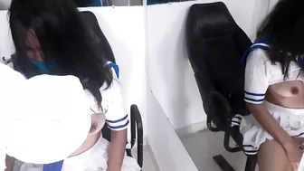 Hot schoolgirl cheating with her besfriend in the restroom of school and hard fuck her tight wet pussy and cum inside