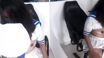 Hot schoolgirl cheating with her besfriend in the restroom of school and hard fuck her tight wet pussy and cum inside