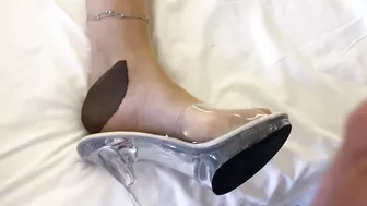 Cum on clear high heel mules and nylon feet