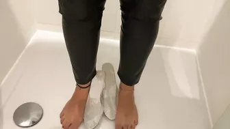 Pissing and cum on clear high heel mules