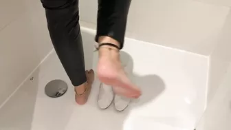 Pissing and cum on clear high heel mules