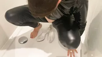 Pissing and cum on clear high heel mules