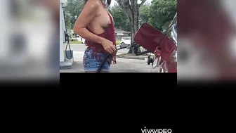 Boobs out at gas station