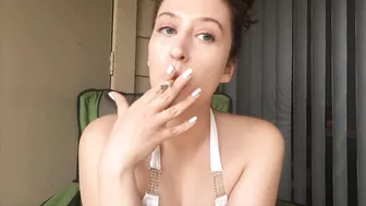 Sexy Goddess D Smoking Outside In White Bikini Top King Size Cork Tip 100