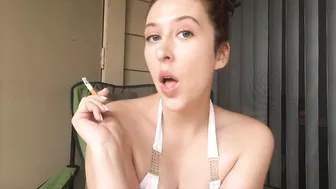 Sexy Goddess D Smoking Outside In White Bikini Top King Size Cork Tip 100