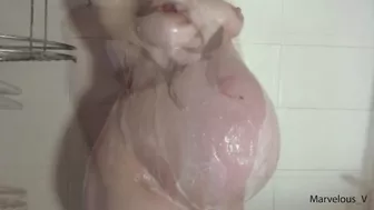 Hot sexy 33weeks pregnant amateur mommy taking shower teasing with belly