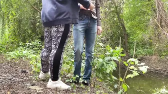 MILF in leggings helps a stranger pee by the lake