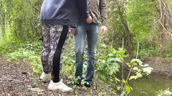 MILF in leggings helps a stranger pee by the lake