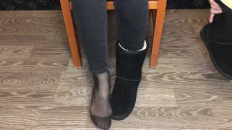 Student girl show nylon socks, boots and foot after study