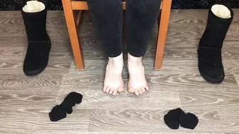 Student girl show nylon socks, boots and foot after study