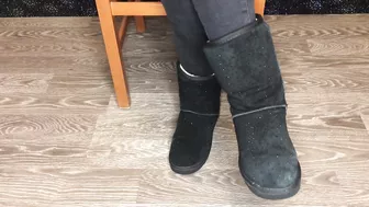 Student girl show nylon socks, boots and foot after study