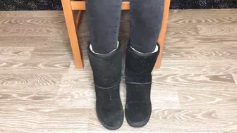 Student girl show nylon socks, boots and foot after study