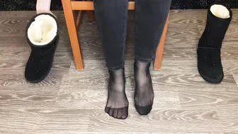 Student girl show nylon socks, boots and foot after study