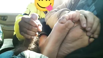 Silky ebony teen soles + yellow toes quick car footjob, hj finish