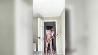 Hairy tubby exhibitionist guy working naked