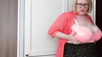 Huge tits in tight orange blouse