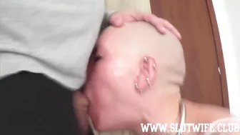 Submissive Bald Headed Slave Girl Enjoys Sloppy Deepthroat And Cum In Eye