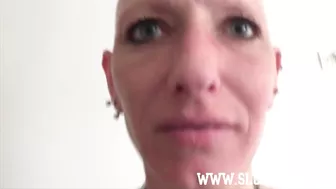 Submissive Bald Headed Slave Girl Enjoys Sloppy Deepthroat And Cum In Eye