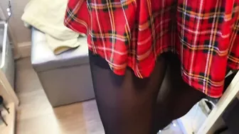 Gave her a suck in front of a mirror in a short skirt and black pantyhose