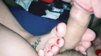 Redhead emo girl gives footjob blowjob combo with oral creampie