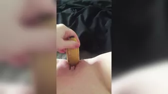 Teen fucks her tight little pussy with a banana & squirts everywhere